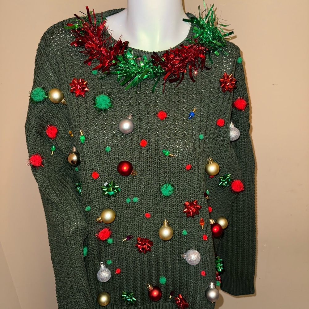 Custom made Green Ugly Sweater with Holiday Decorations